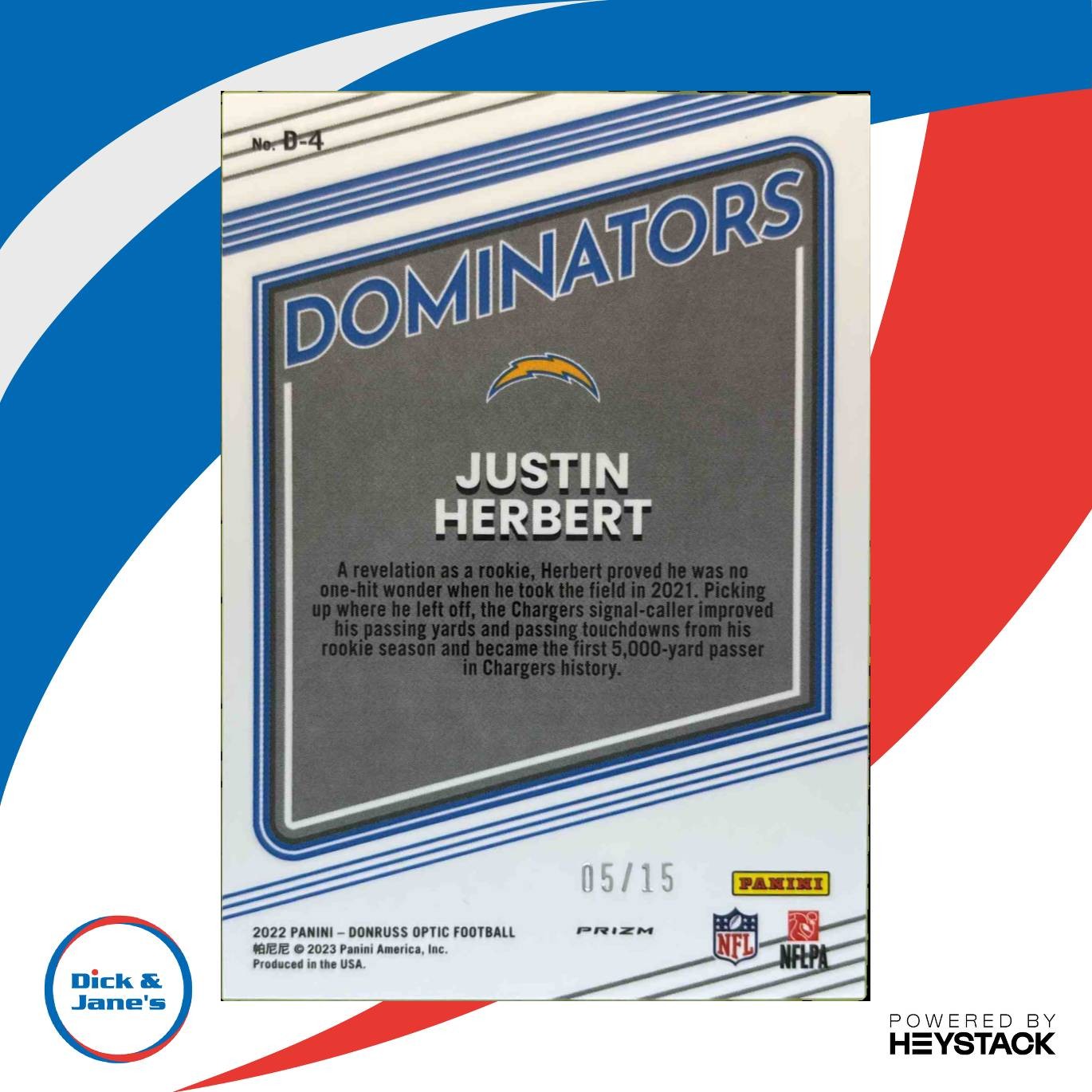 2022 Donruss Optic Justin Herbert Dominators Ice 5/15 #D-4 Los Angeles Chargers