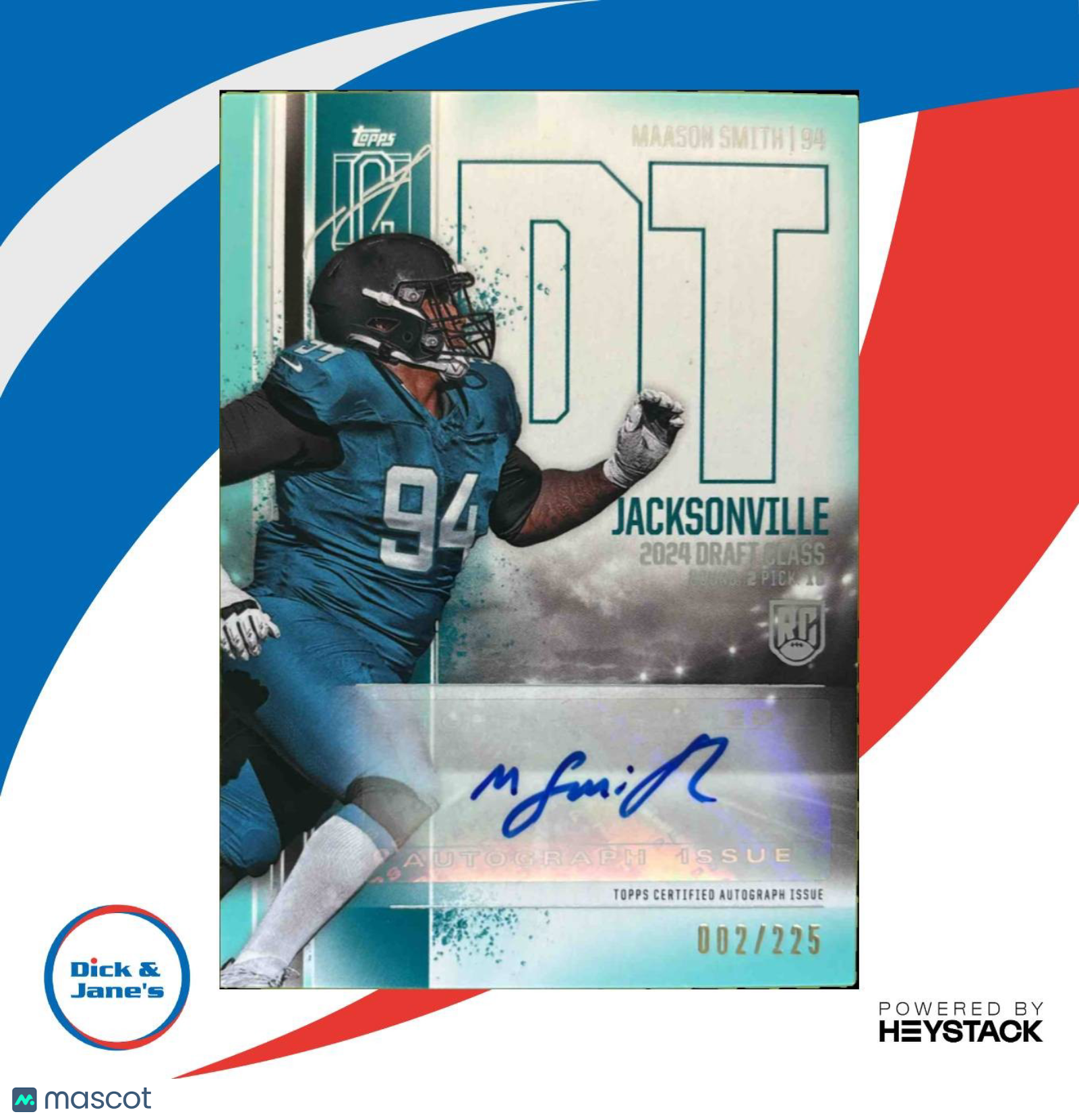 2024 Topps Signature Class Maason Smith Rookie Auto Teal 2/225 RC Jacksonville