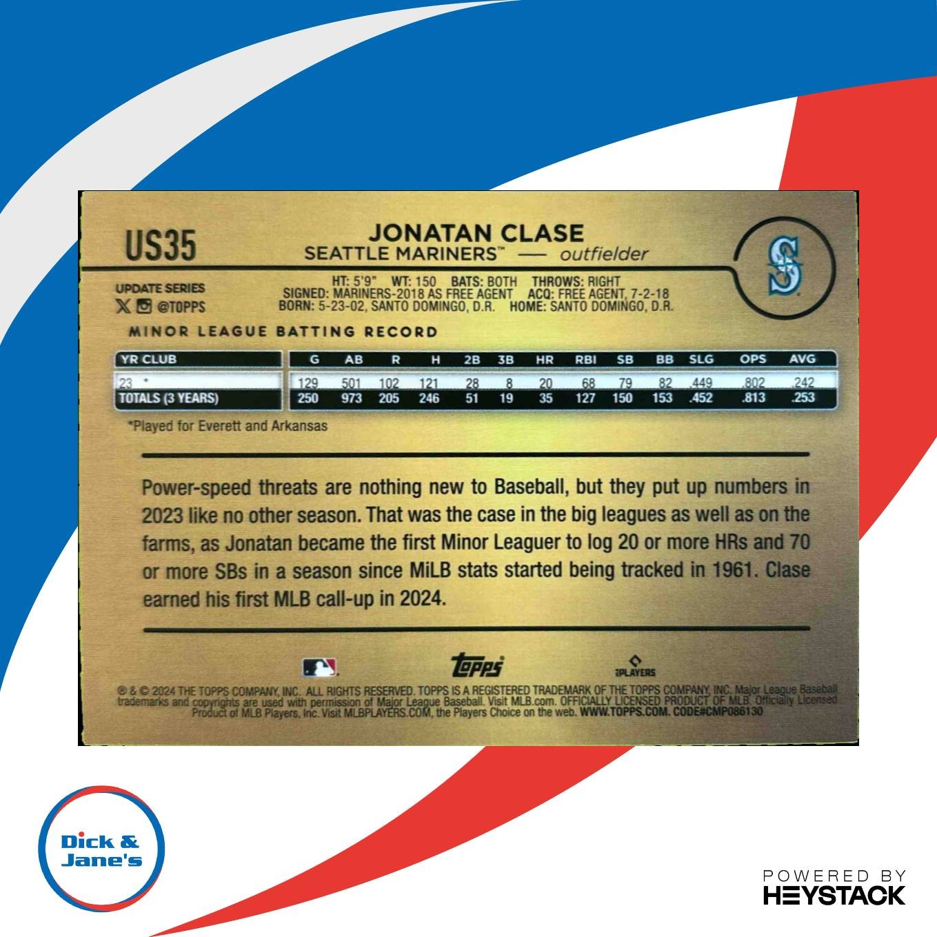 2024 Topps Update Jonatan Clase Golden Mirror SP #US35 RC Seattle Mariners