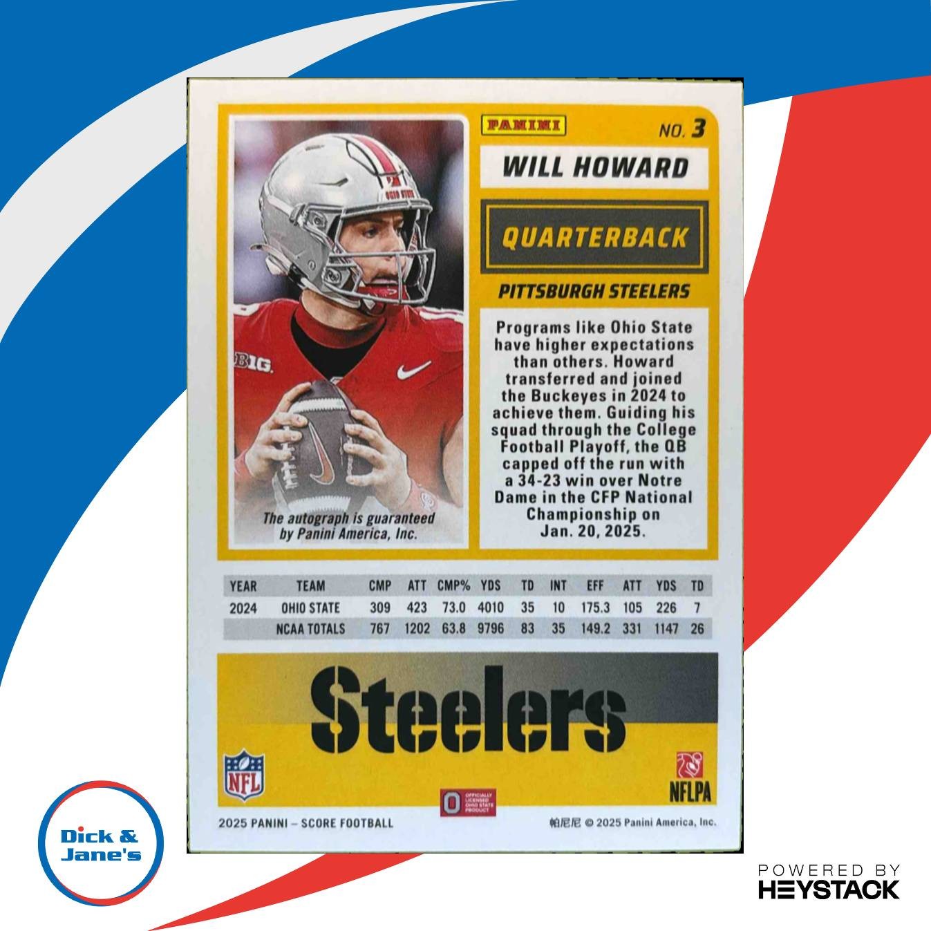 2025 Panini Score Will Howard Rookies Signatures #3 Auto Pittsburgh Steelers