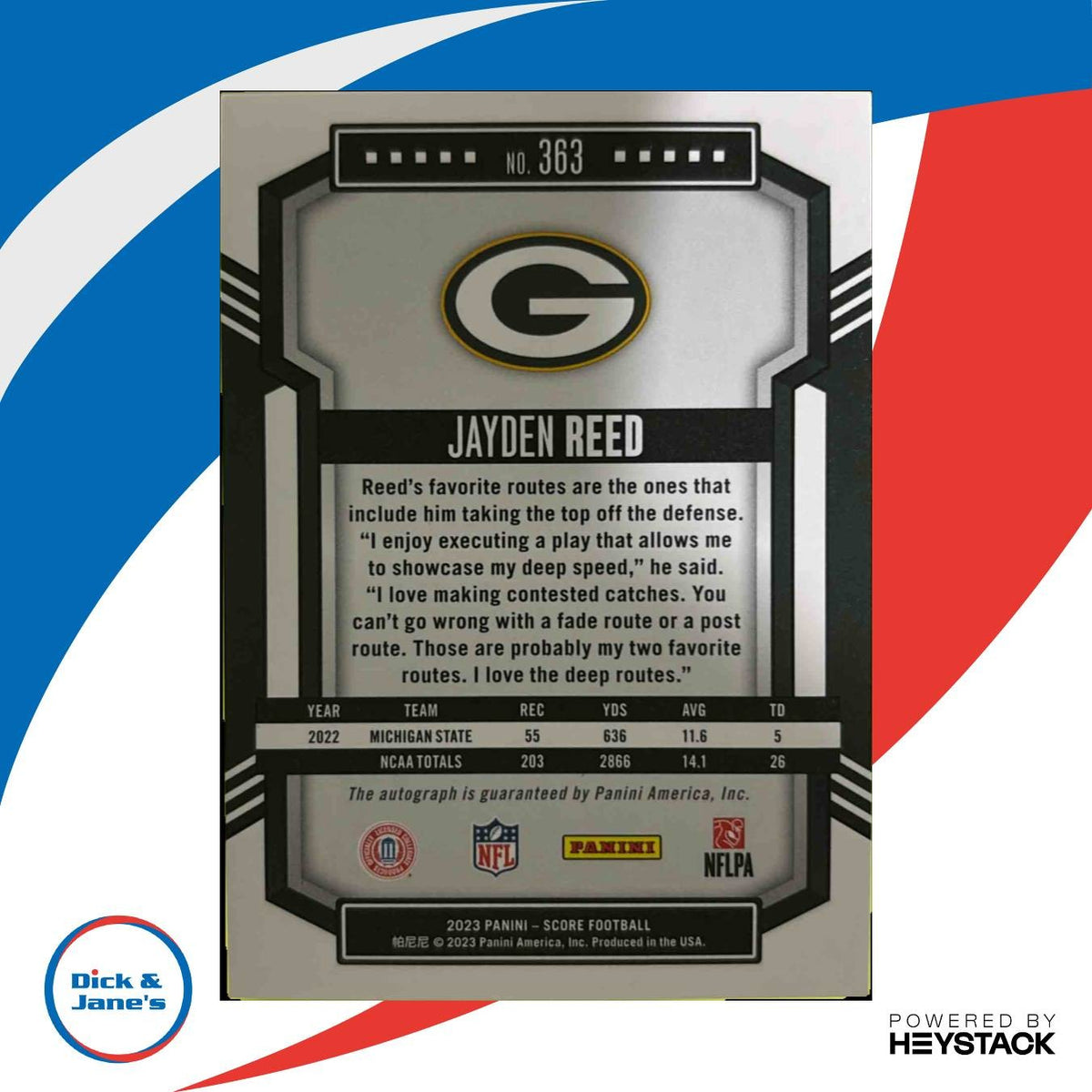 2023 Panini Score Jayden Reed Signatures #363 RC Auto Green Bay Packers