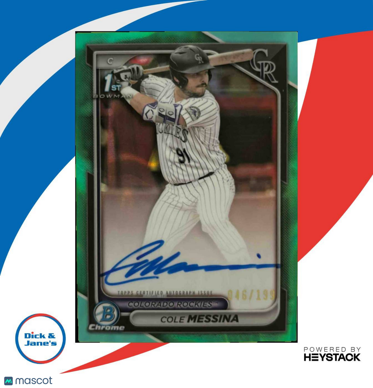 2024 Bowman Draft Cole Messina Chrome Auto Aqua Lava Refractor /199 1st Prospect