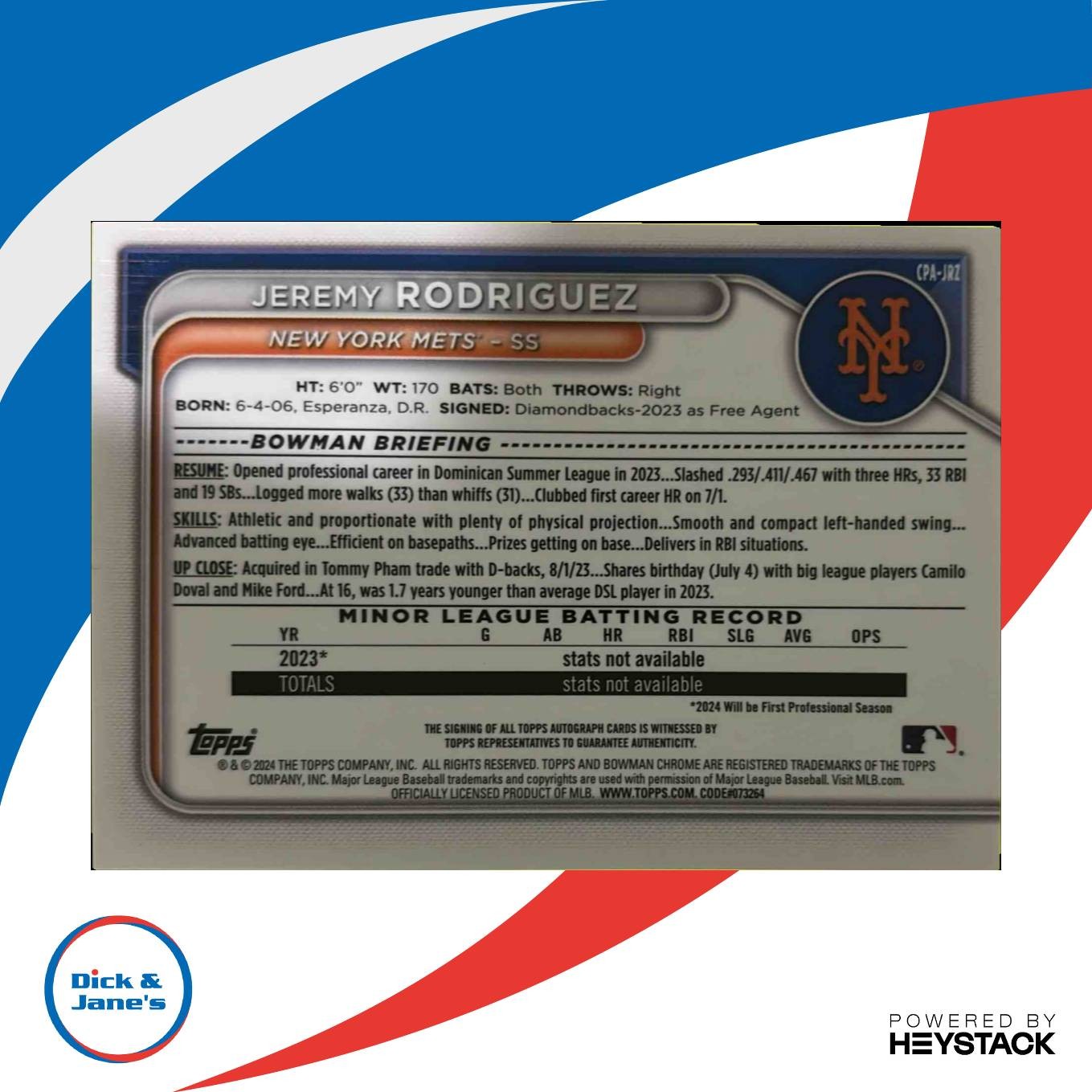 2024 Bowman Chrome Jeremy Rodriguez Auto Yellow Refractor /75 1st Prospect Mets
