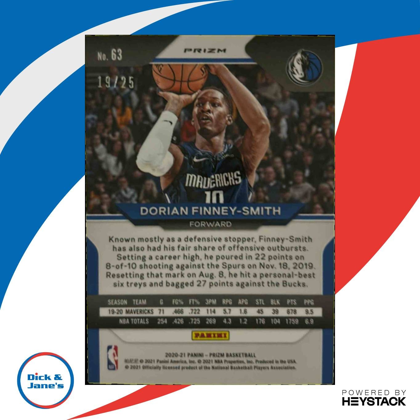 2020-21 Prizm Dorian Finney-Smith Green Pulsar Prizms 19/25 #63 Dallas Mavericks