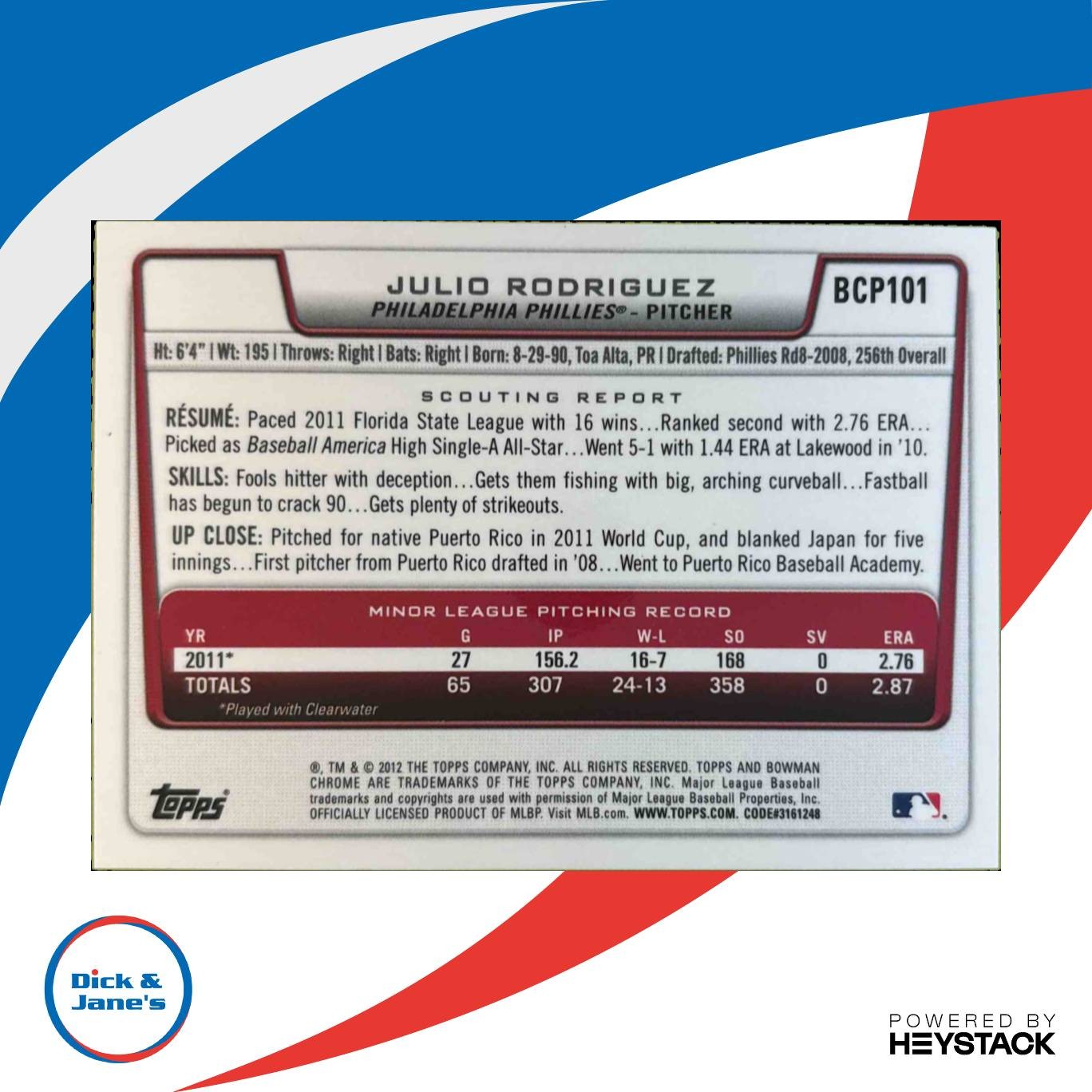 2012 Bowman Julio Rodriguez Chrome Prospect Auto #BCP101 Philadelphia Phillies