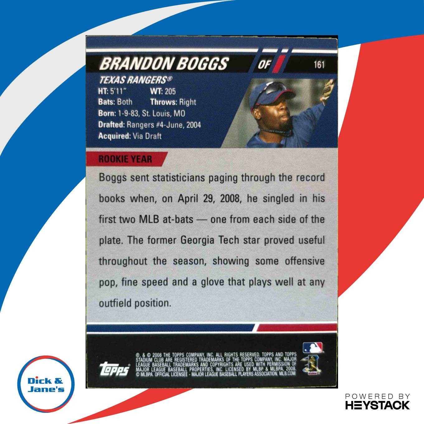 2008 Topps Stadium Club Brandon Boggs #161 Auto RC Texas Rangers