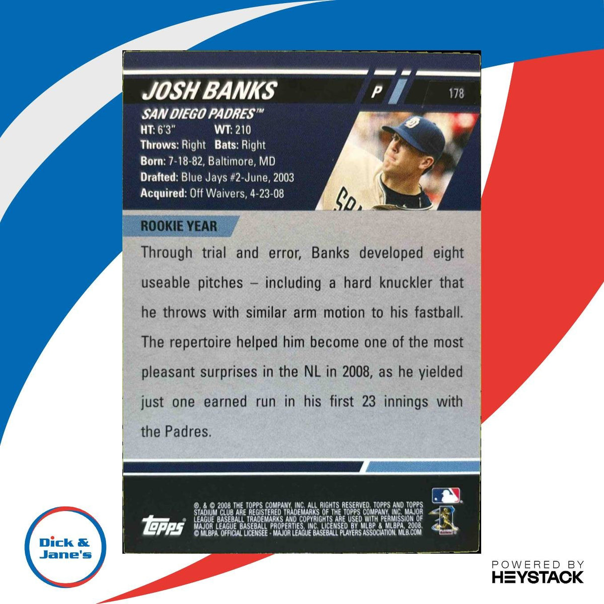2008 Topps Stadium Club Josh Banks #178 Auto RC San Diego Padres