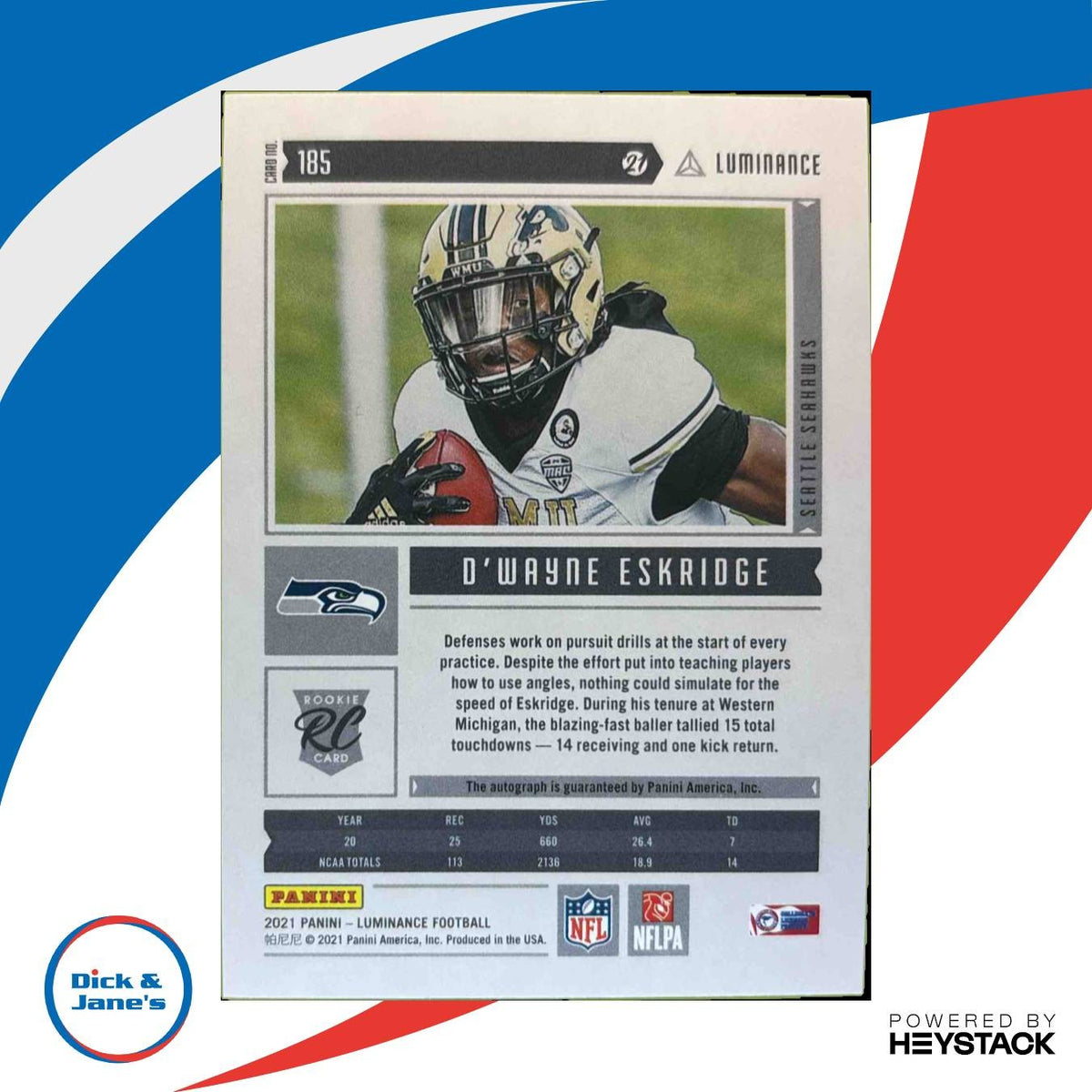 2021 Panini Luminance D Wayne Eskridge Auto 275/349 #185 RC Seattle Seahawks