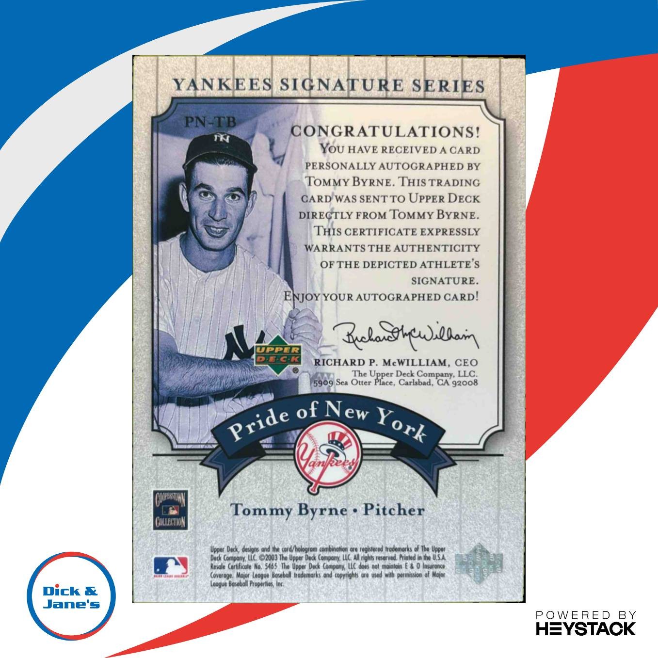 2003 Upper Deck Yankees Signature Series Tommy Byrne Pride of New York Auto DJ2