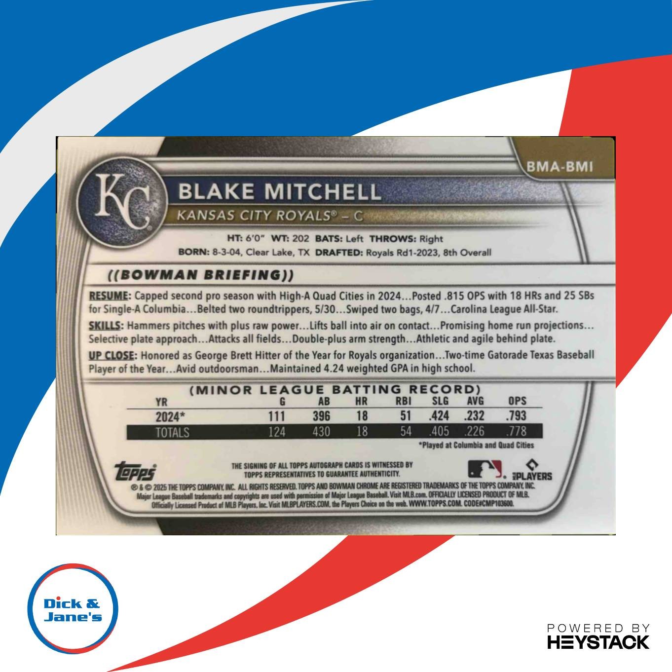 2025 Bowman Blake Mitchell Chrome Prospect Auto Mega Box Refractor Kansas City