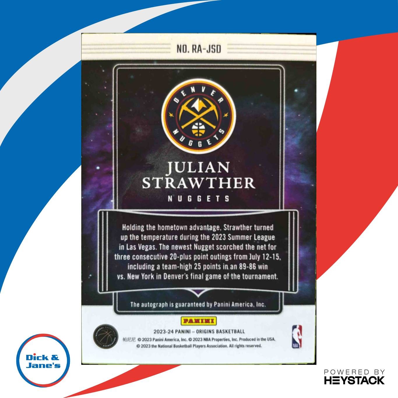2023-24 Julian Strawther Rookie Autographs Blue 45/49 #RA-JSO RC Denver Nuggets