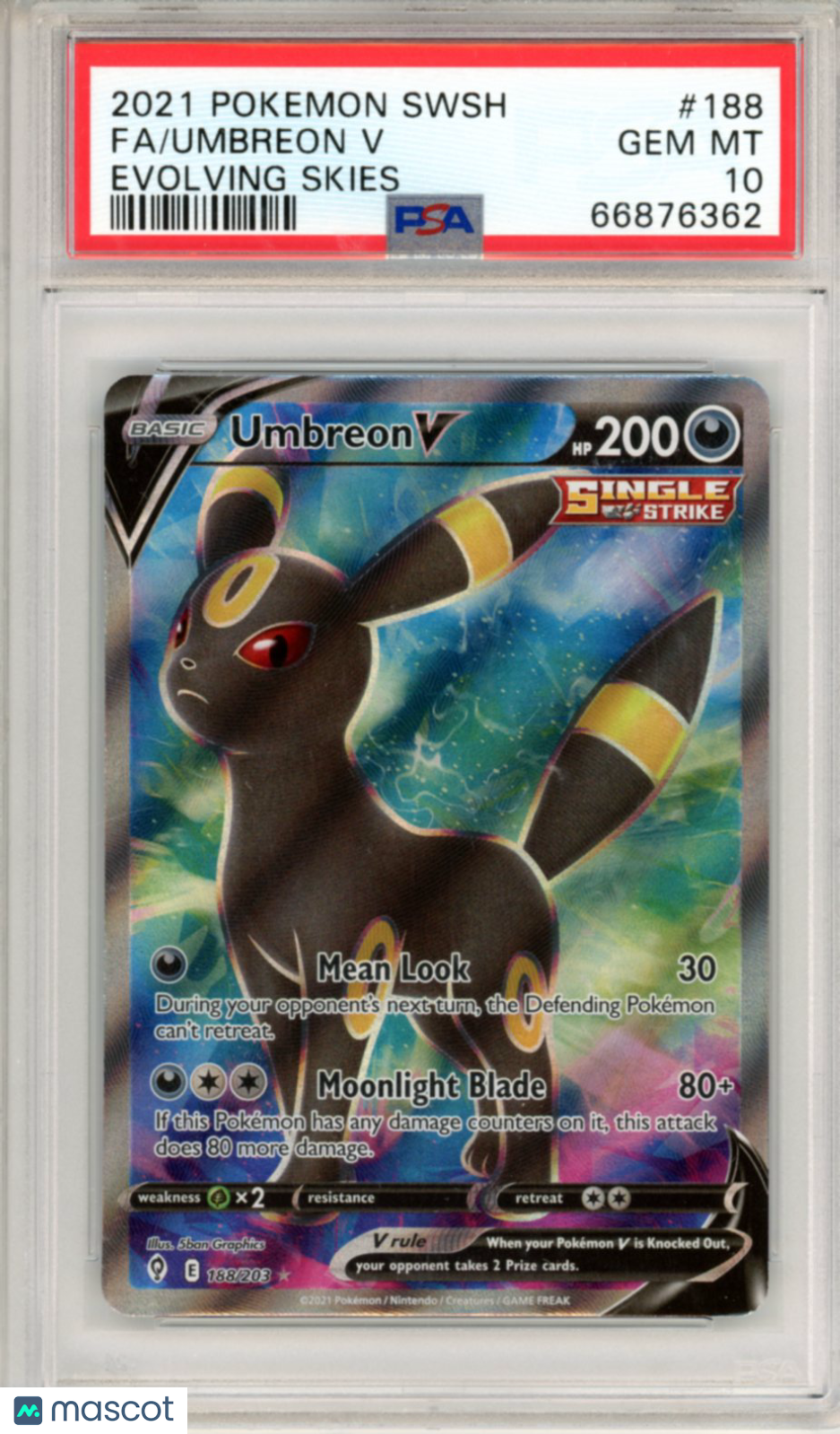 2021 Pokemon Sword & Shield Evolving Skies Umbreon V #188 FA PSA 10