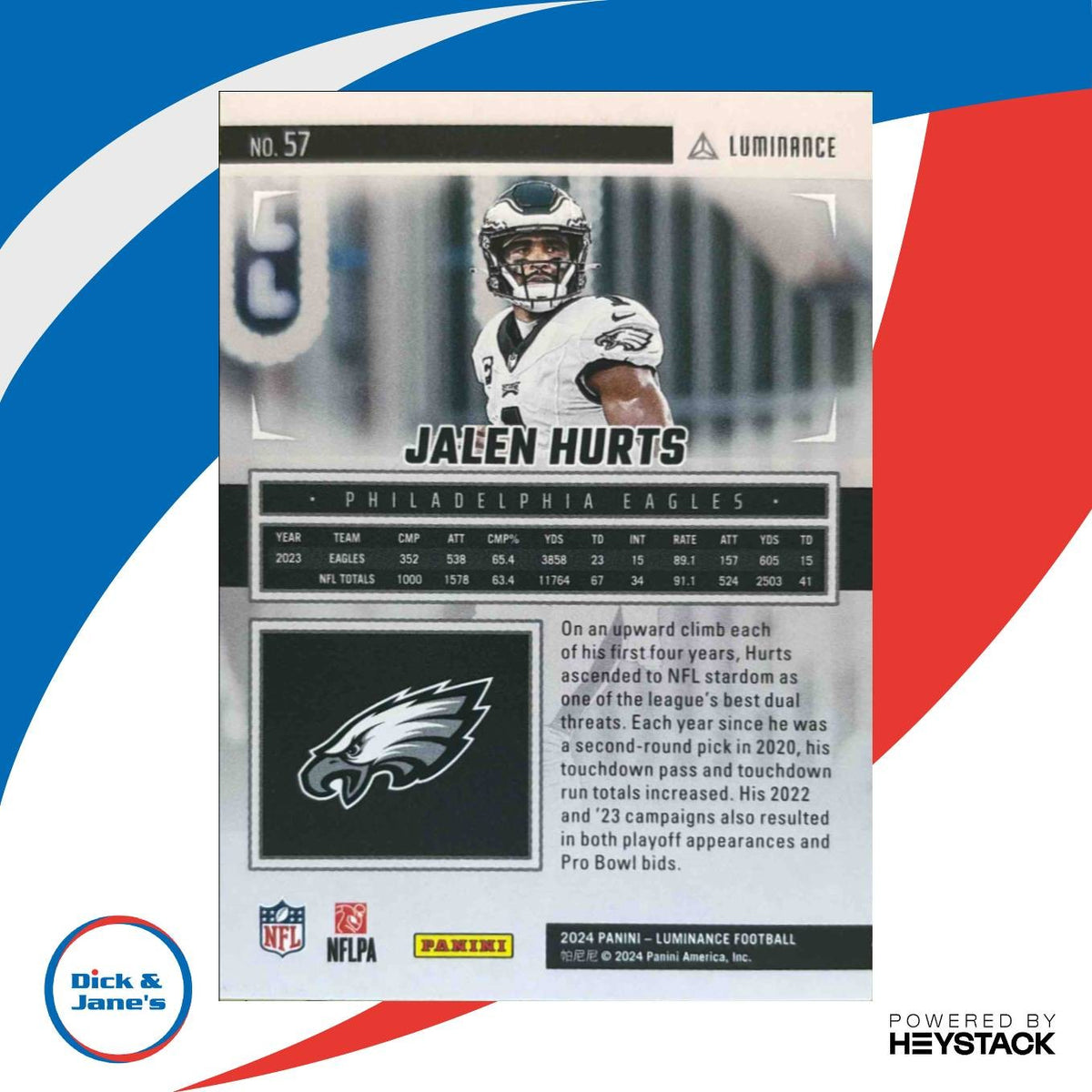 2024 Panini Luminance Jalen Hurts Vivid Hot Pink 09/10 #57 Philadelphia Eagles