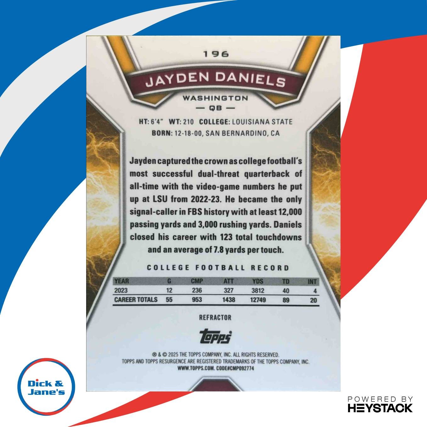 2024 Topps Resurgence Jayden Daniels Refractor #196 RC Washington Commanders