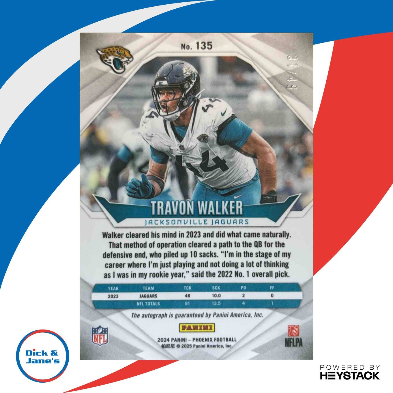 2024 Panini Phoenix Travon Walker Auto Blue /49 #135 Jacksonville Jaguars