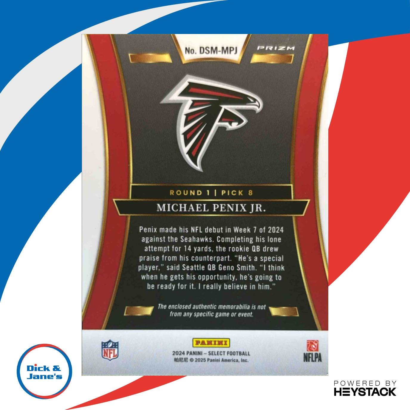 2024 Select Michael Penix Jr. Draft Selections Memorabilia Red Prizm RC Falcons