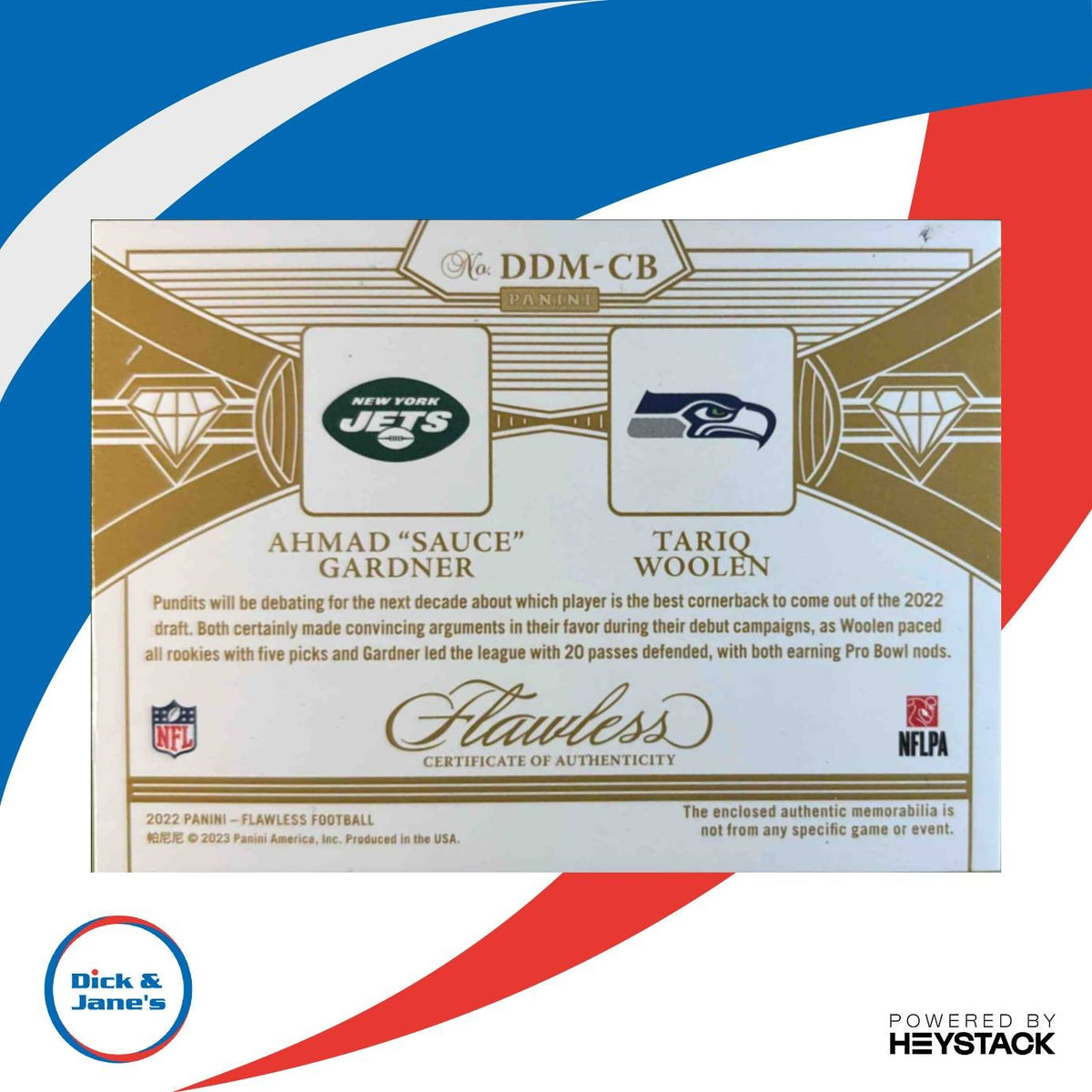 2022 Flawless Sauce Gardner Woolen Dual Diamond Memorabilia 10/25 MEM NY Jets