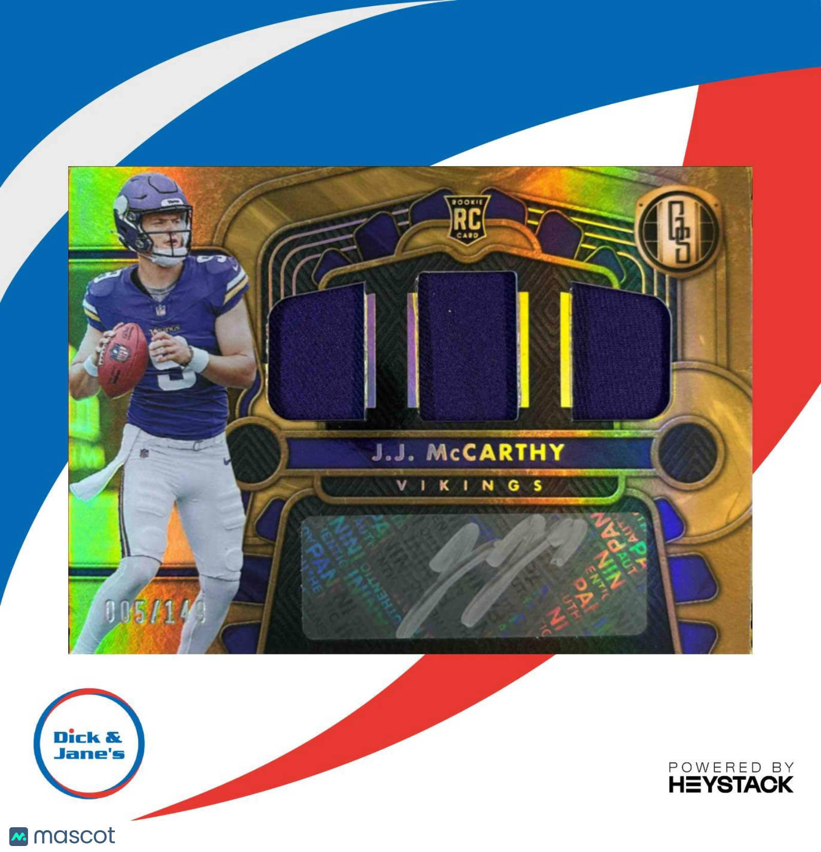 2024 Gold Standard J.J. McCarthy Rookie Jersey Auto Double 5/149 MEM RC Vikings