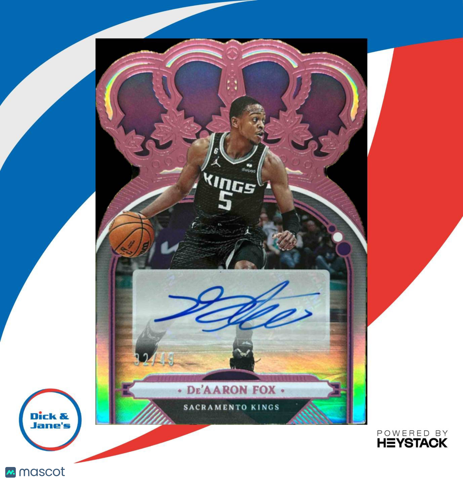 2022-23 Crown Royale De Aaron Fox Auto Pink 32/49 #CA-DAF Sacramento Kings