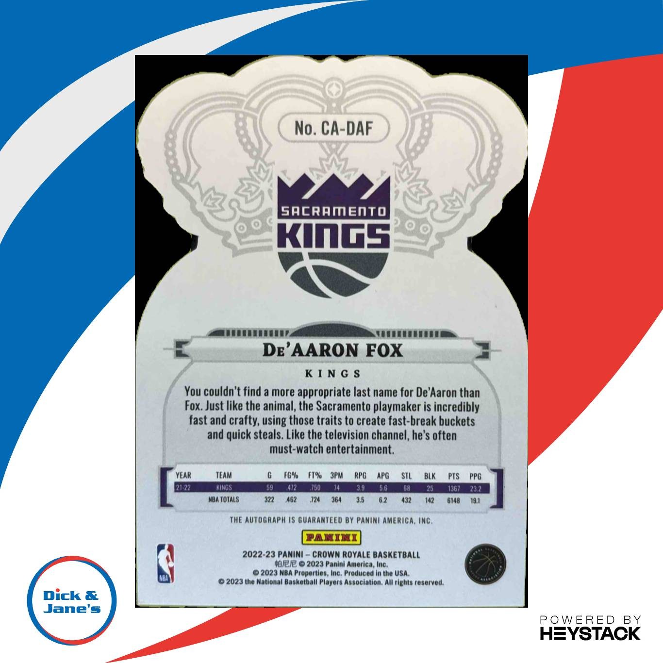 2022-23 Crown Royale De Aaron Fox Auto Pink 32/49 #CA-DAF Sacramento Kings