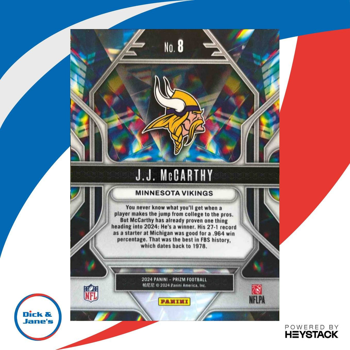 2024 Panini Prizm J.J. McCarthy Prizmatic Green #8 RC Minnesota Vikings