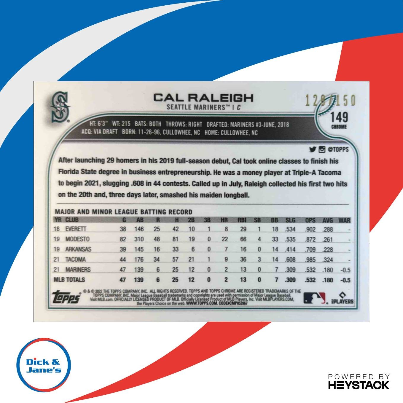 2022 Topps Chrome Cal Raleigh Blue Refractor 129/150 #149 RC Seattle Mariners