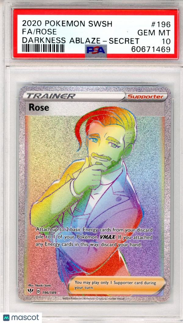 2020 PokéMon TCG Rainbow Rose #196 Darkness Ablaze-Secret PSA 10