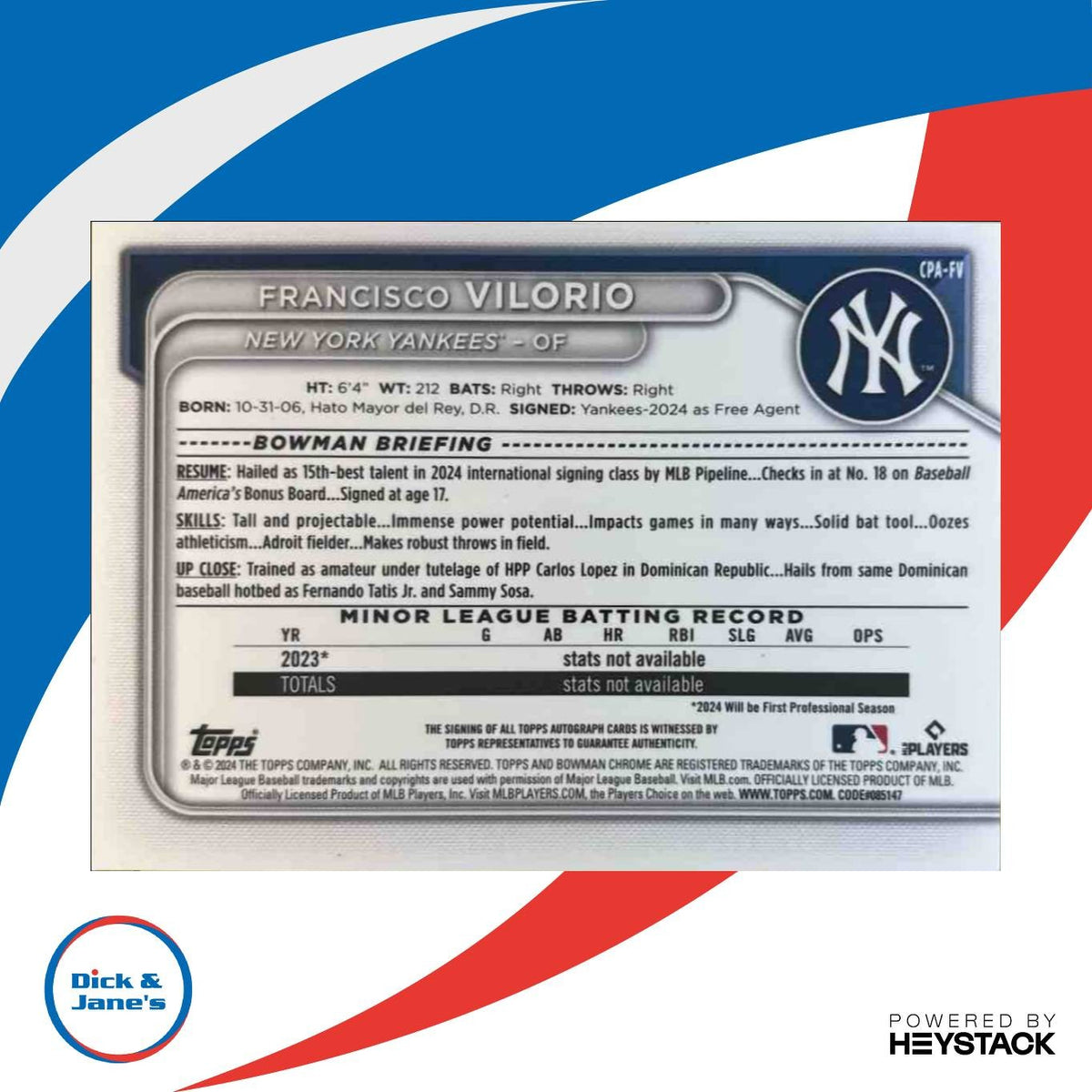 2024 Bowman Chrome Francisco Vilorio Auto Yellow fractor/75 1st Prospect Yankees
