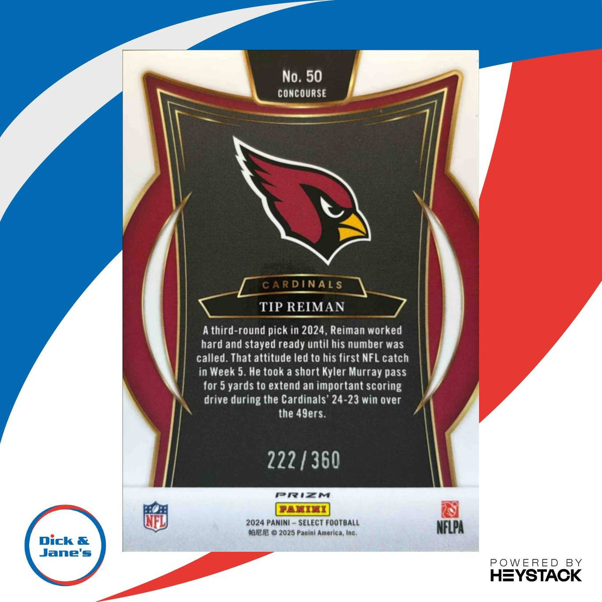 2024 Select Tip Reiman Concourse Purple Prizm Shock /360 50 RC Arizona Cardinals