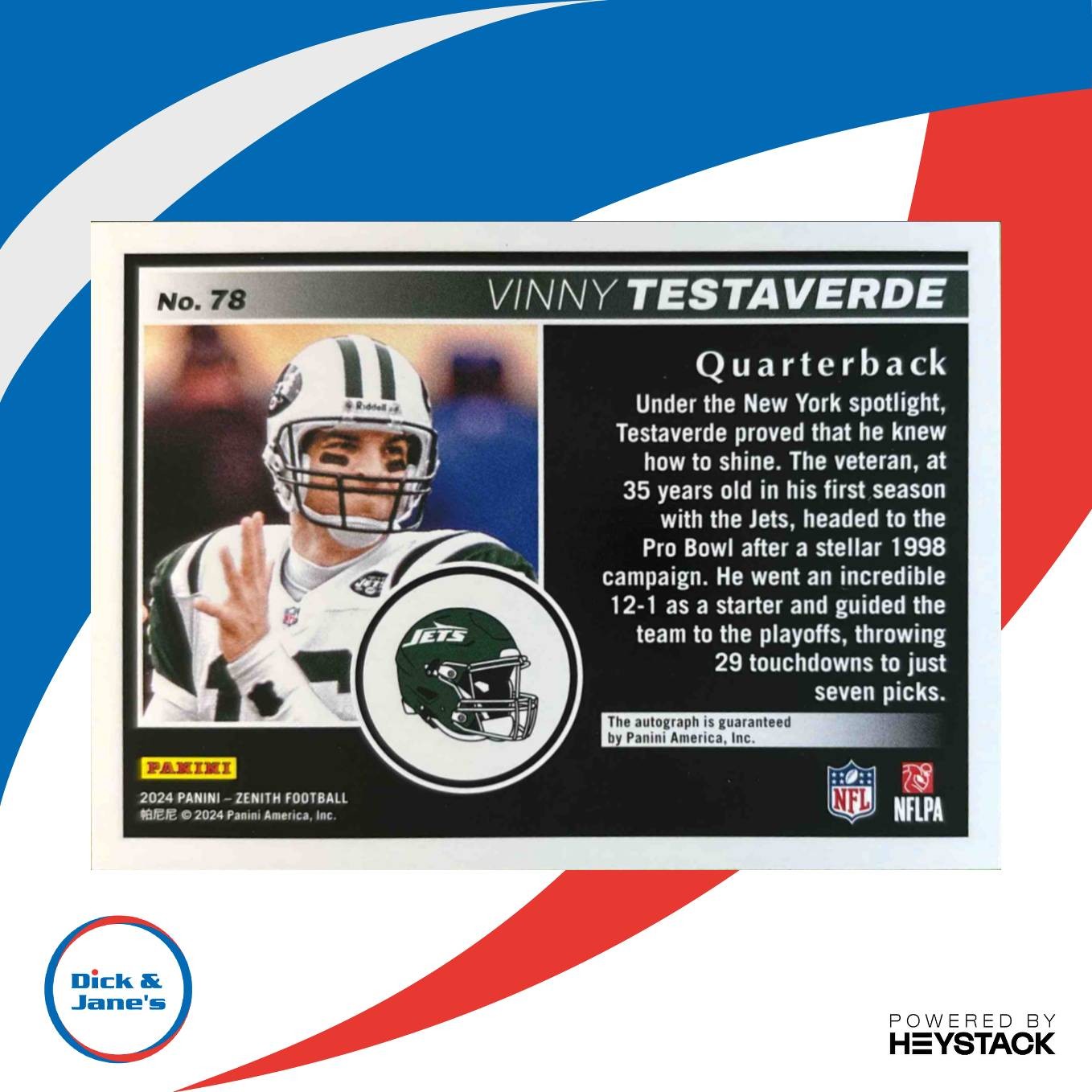 2024 Panini Zenith Vinny Testaverde Auto No Huddle #78 New York Jets