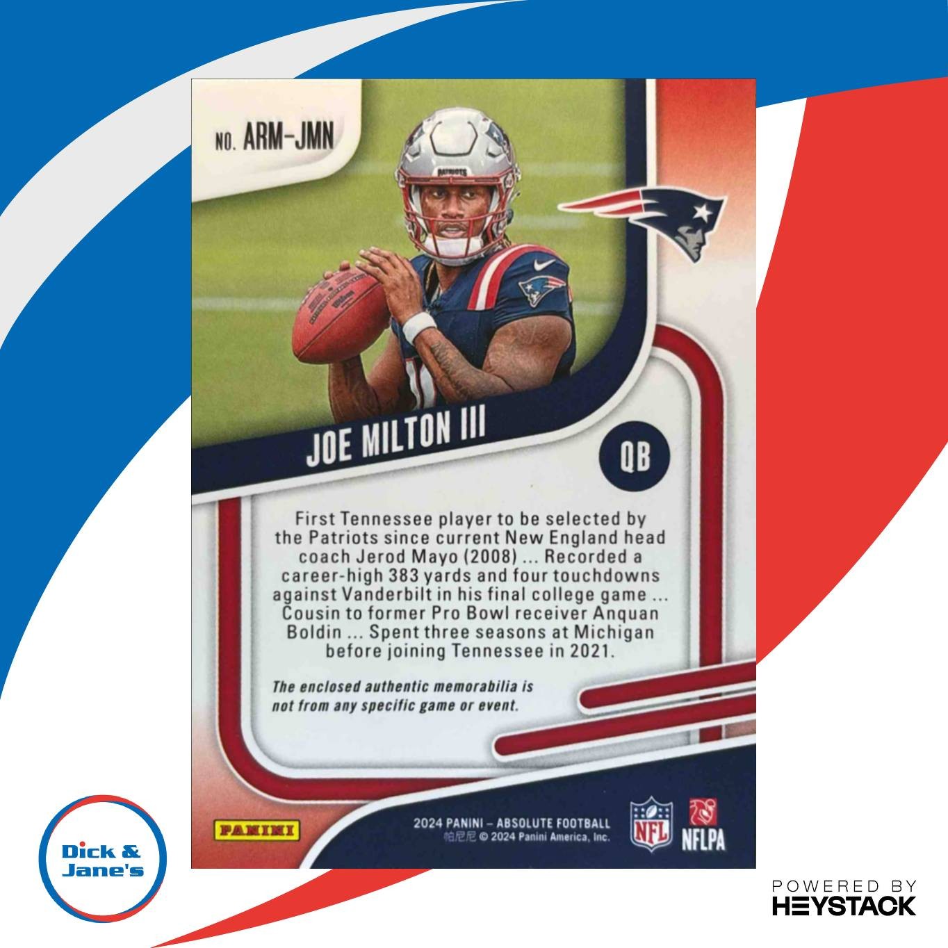2024 Panini Absolute Joe Milton III Rookie Materials MEM RC New England Patriots