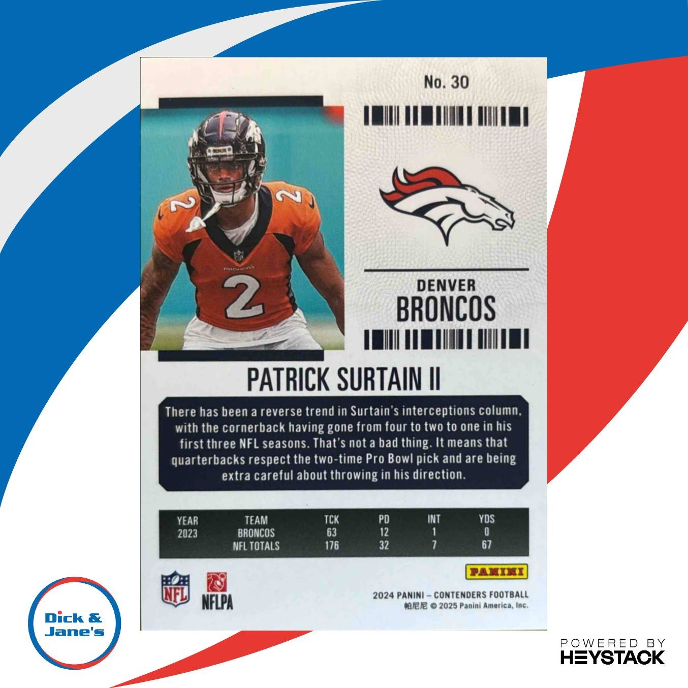 2024 Panini Contenders Patrick Surtain II Cracked Ice Ticket 12/25 #30 Broncos