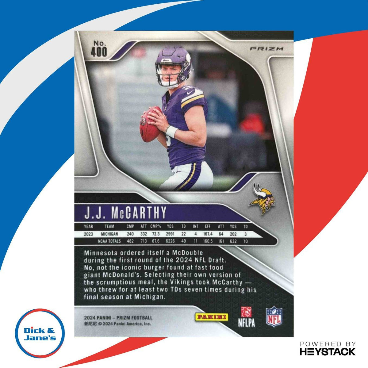 2024 Panini Prizm J.J. McCarthy Lazer #400 RC Minnesota Vikings