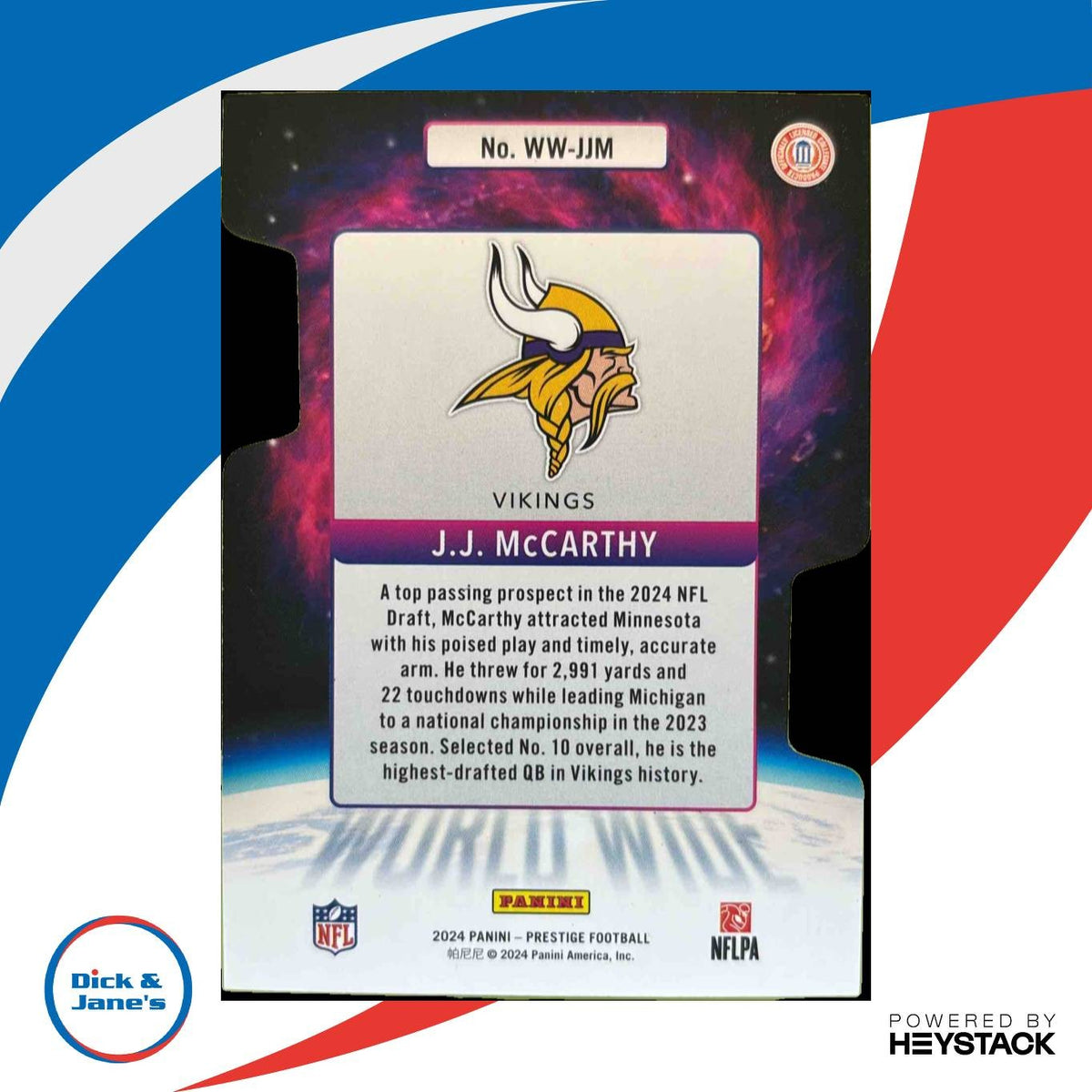 2024 Panini Prestige J.J. McCarthy World Wide #WW-JMY Minnesota Vikings