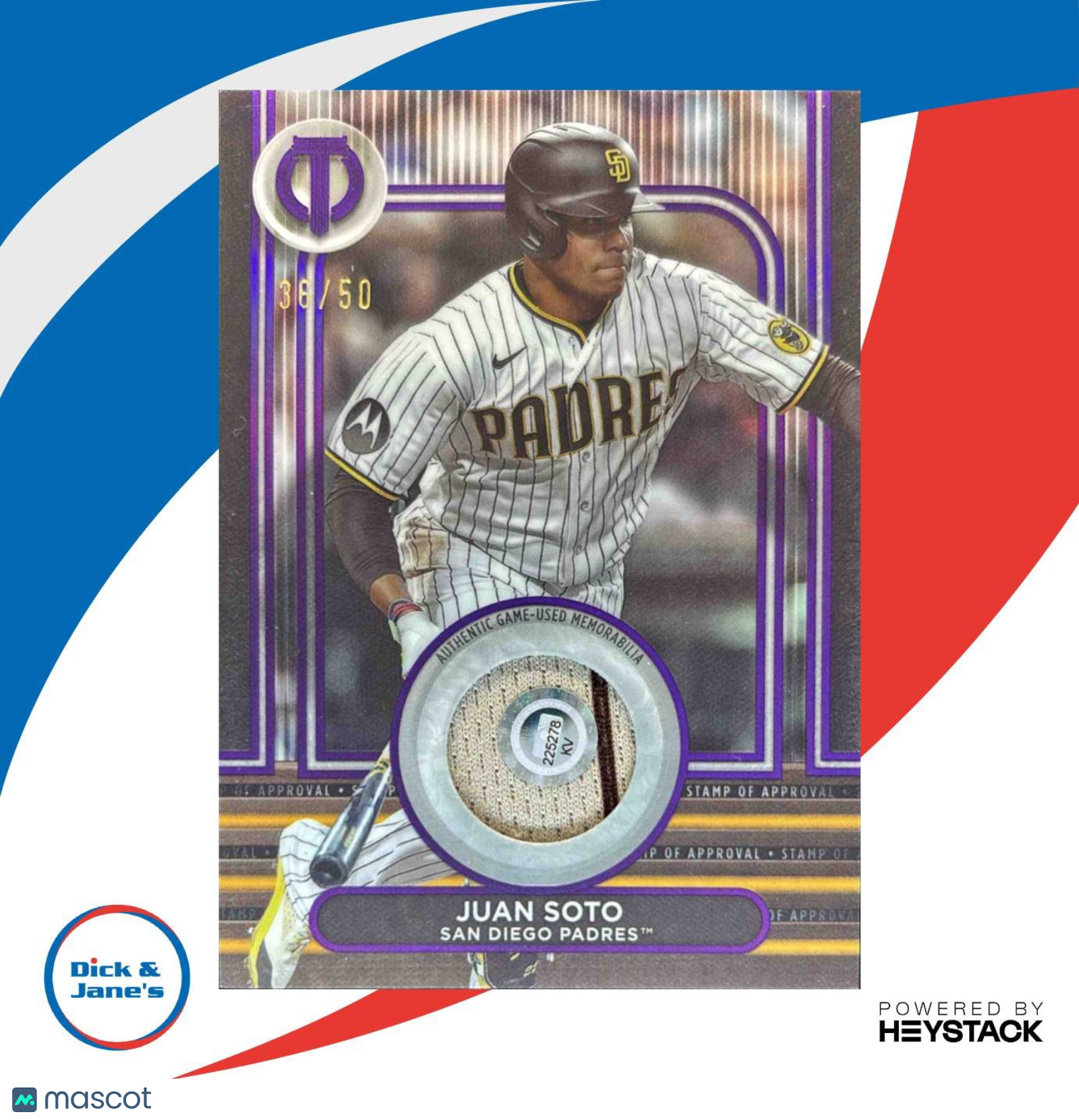 2024 Topps Tribute Juan Soto Stamp of Approval Relics Purple 36/50 Padres