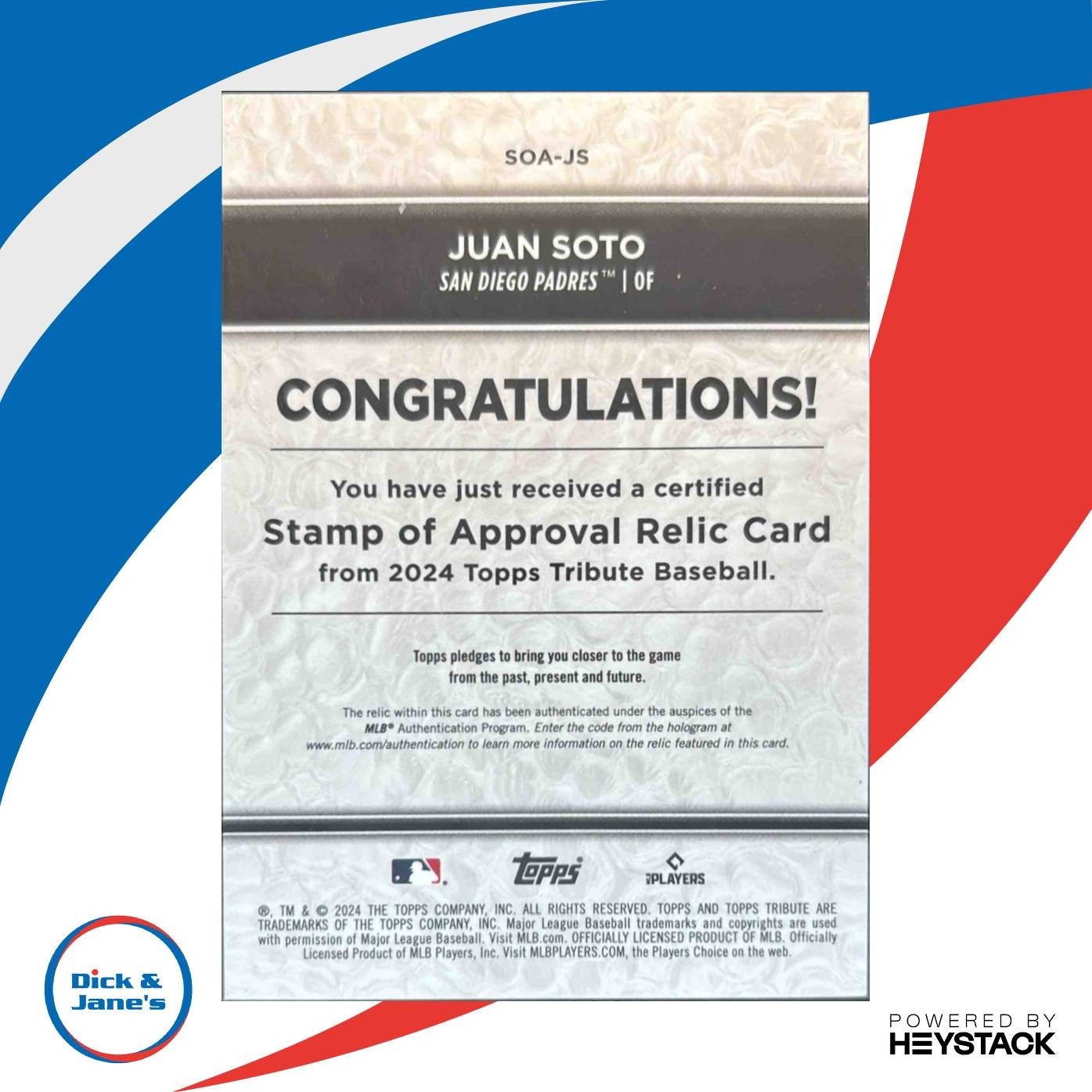 2024 Topps Tribute Juan Soto Stamp of Approval Relics Purple 36/50 Padres