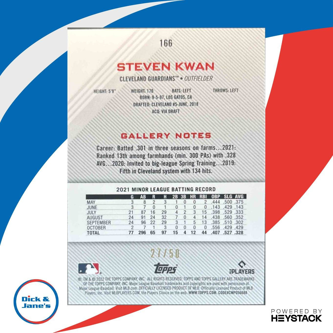 2022 Topps Gallery Steven Kwan Blue Pattern 5/50 #166 RC Cleveland Guardians