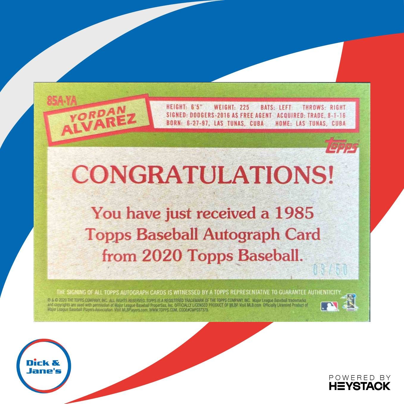 2020 Topps Yordan Alvarez 1985 35th Anniversary Auto Gold /50 RC Houston Astros