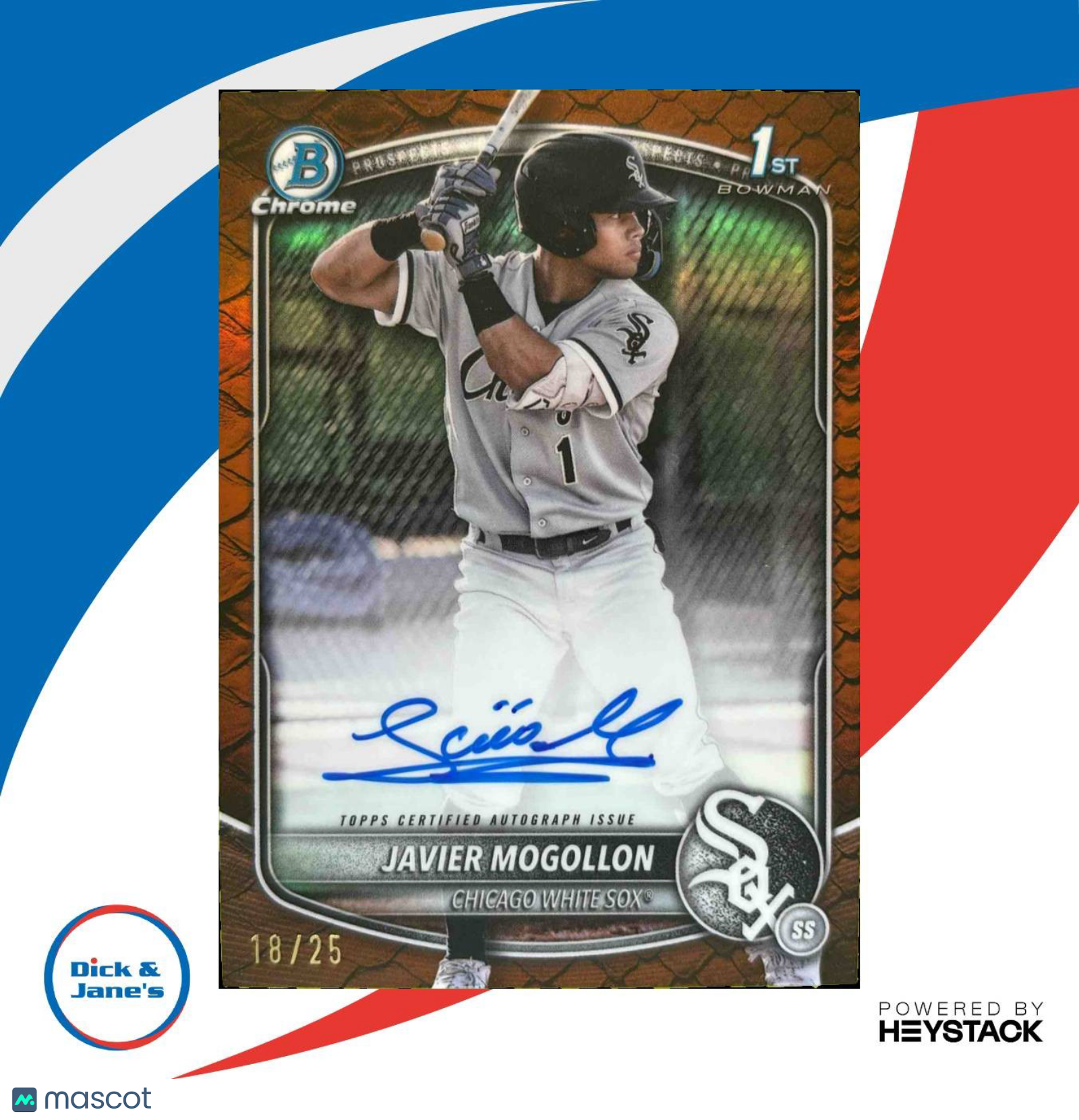 2025 Bowman Javier Mogollon Chrome Auto Reptilian Orange Refractor /25 White Sox