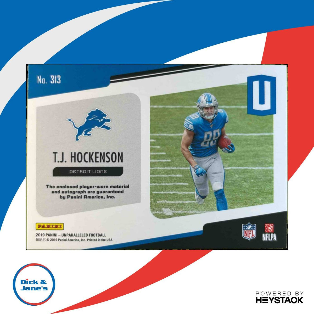 2019 Panini Unparalleled T.J. Hockenson Rookie Jersey Auto #313 RC Detroit Lions