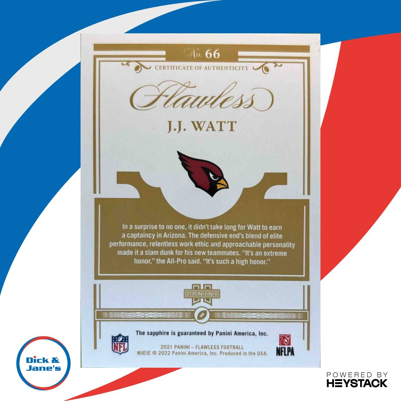 2021 Panini Flawless J.J. Watt Sapphire 9/15 #66 Arizona Cardinals