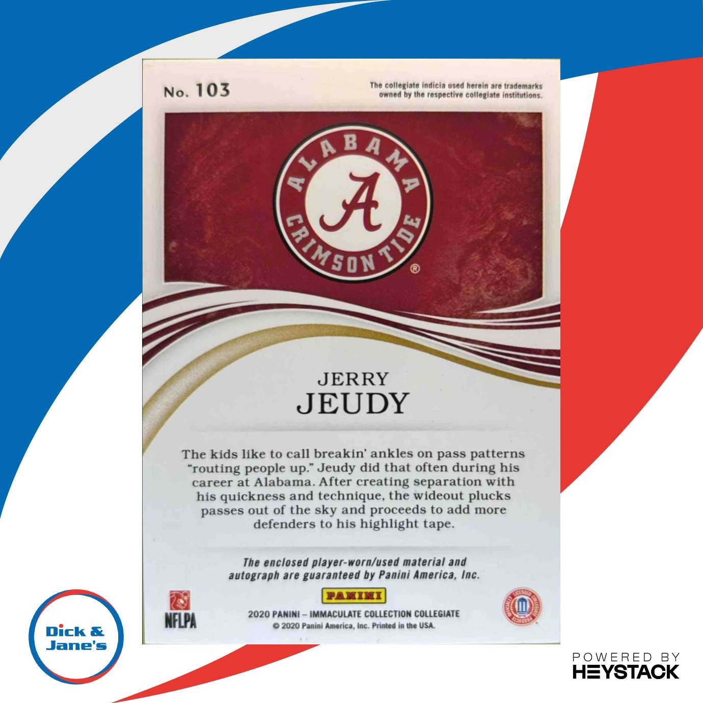 2020 Immaculate Collection Collegiate Jerry Jeudy /99 #103 MEM Auto Crimson Tide