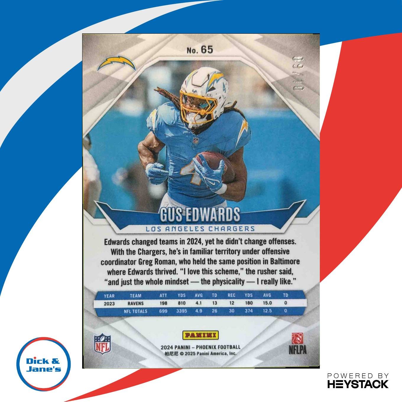 2024 Panini Phoenix Gus Edwards Gold /10 #65 Los Angeles Chargers