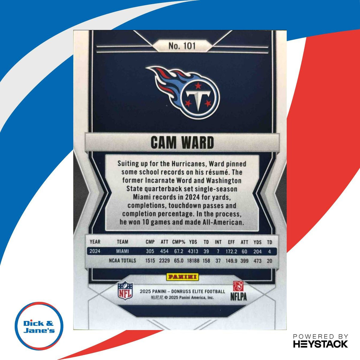 2025 Panini Donruss Elite Cam Ward Rookies Orange /199 #101 RC Tennessee Titans