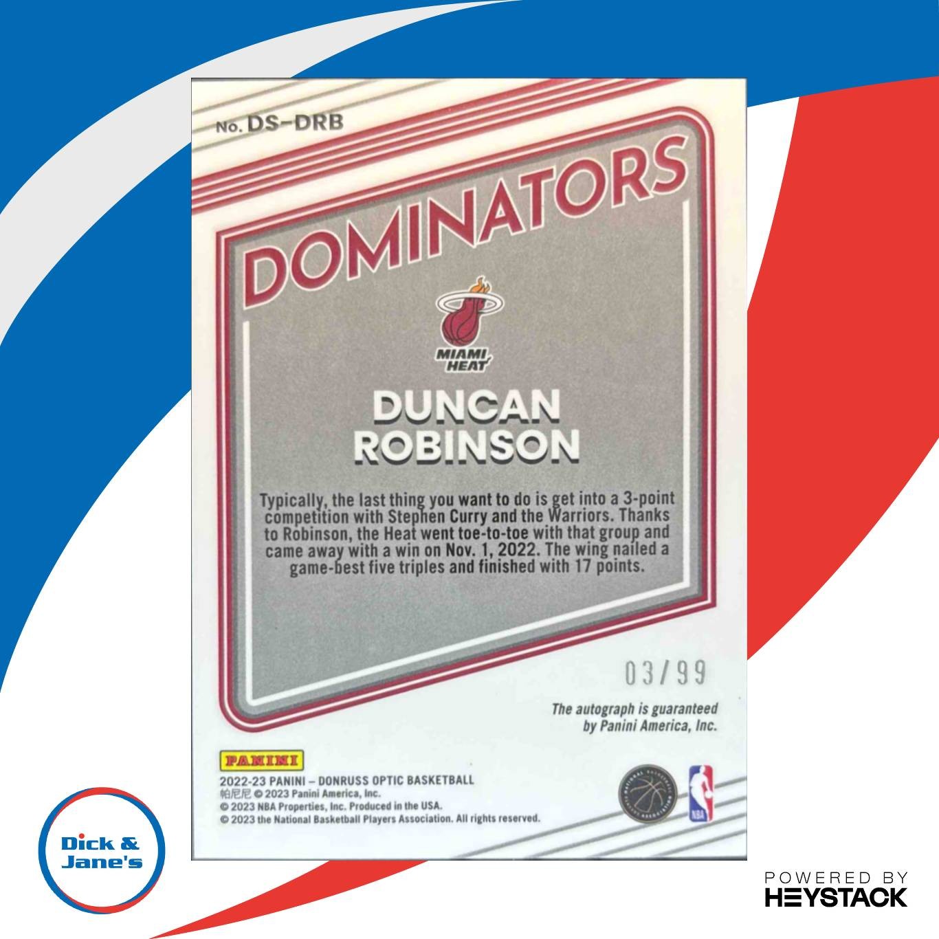 2022-23 Panini Donruss Optic Duncan Robinson Dominators Signatures 3/99 Heat