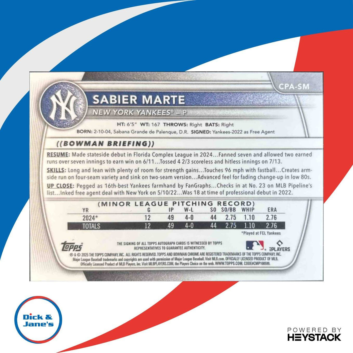 2025 Bowman Chrome Sabier Marte Prospect Auto HTA Choice Refractor /150 Yankees