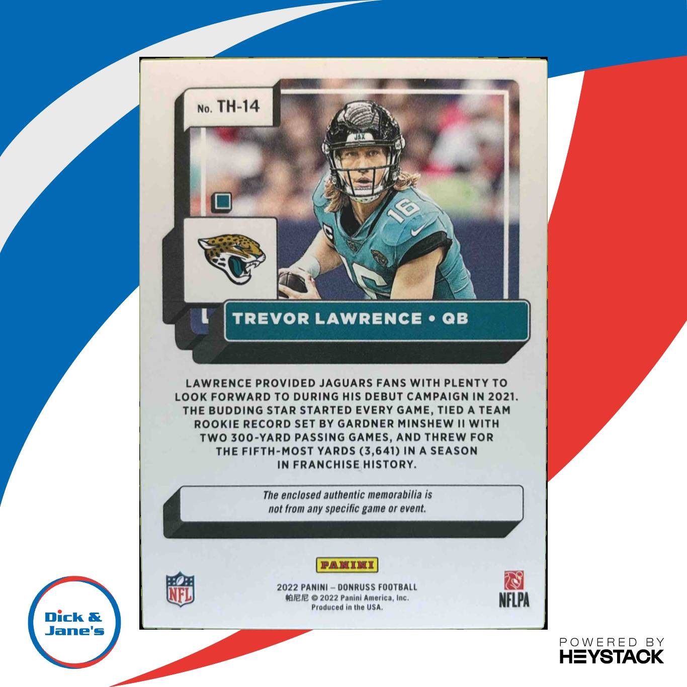 2022 Panini Donruss Trevor Lawrence Threads #TH-14 MEM Jacksonville Jaguars