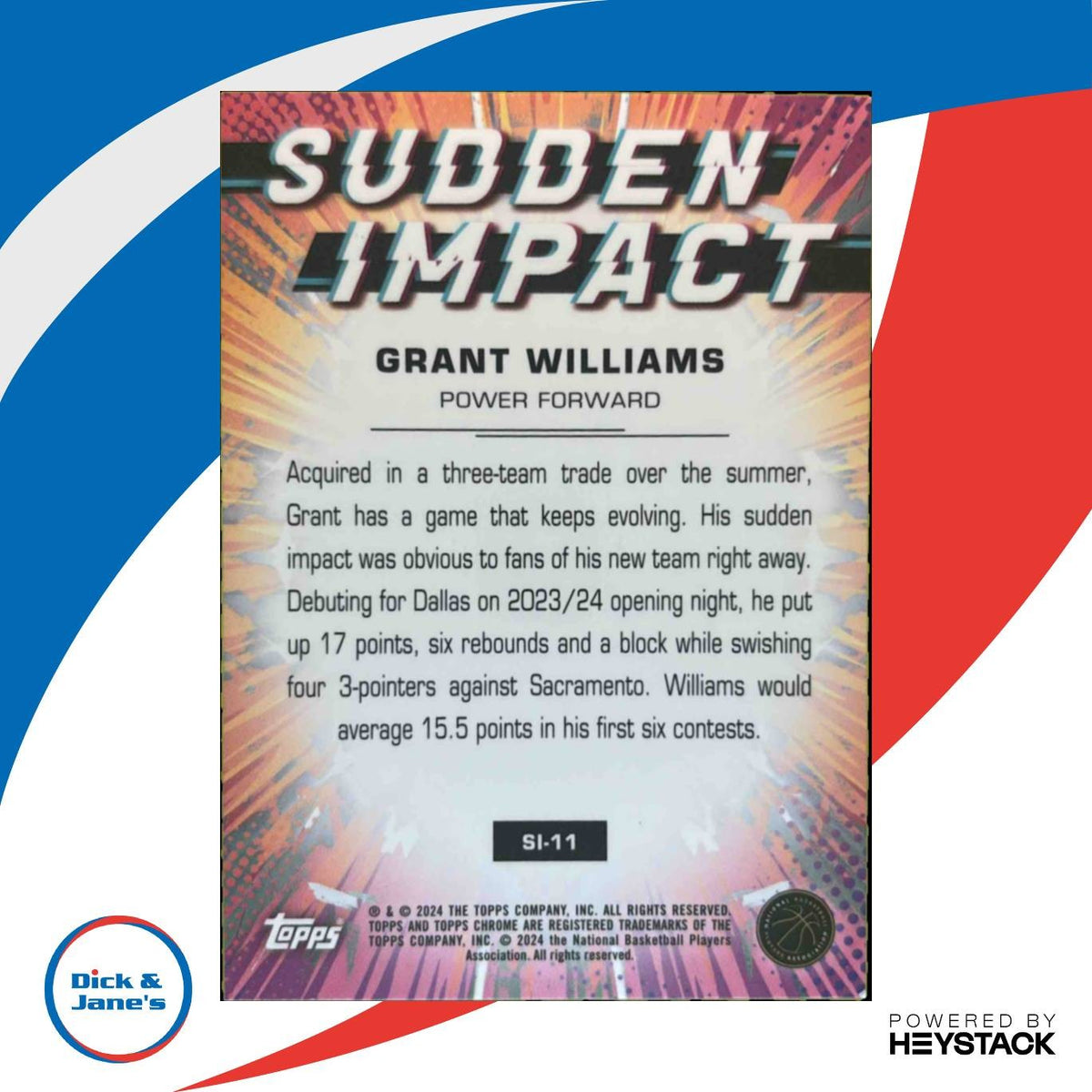 2023-24 Topps Chrome Grant Williams Sudden Impact #SI-11 Charlotte Hornets
