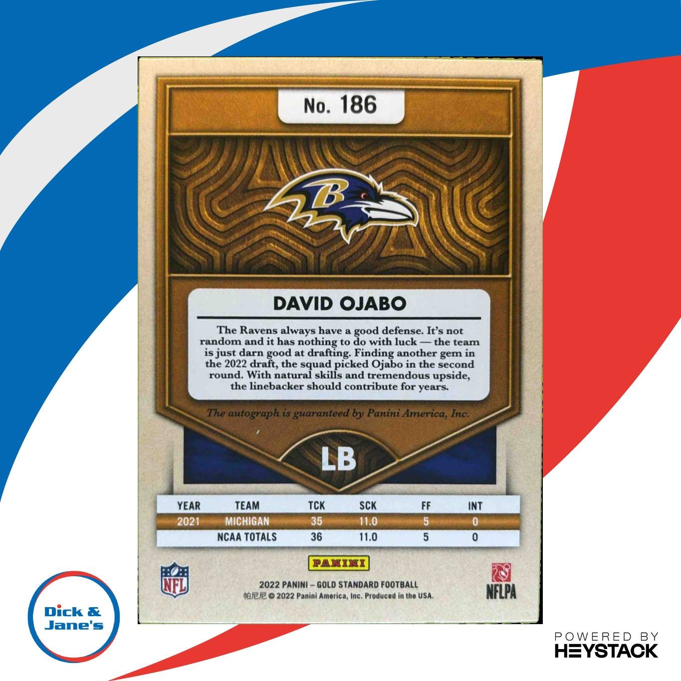2022 Panini Gold Standard David Ojabo Rookies Auto /199 #186 RC Baltimore Ravens