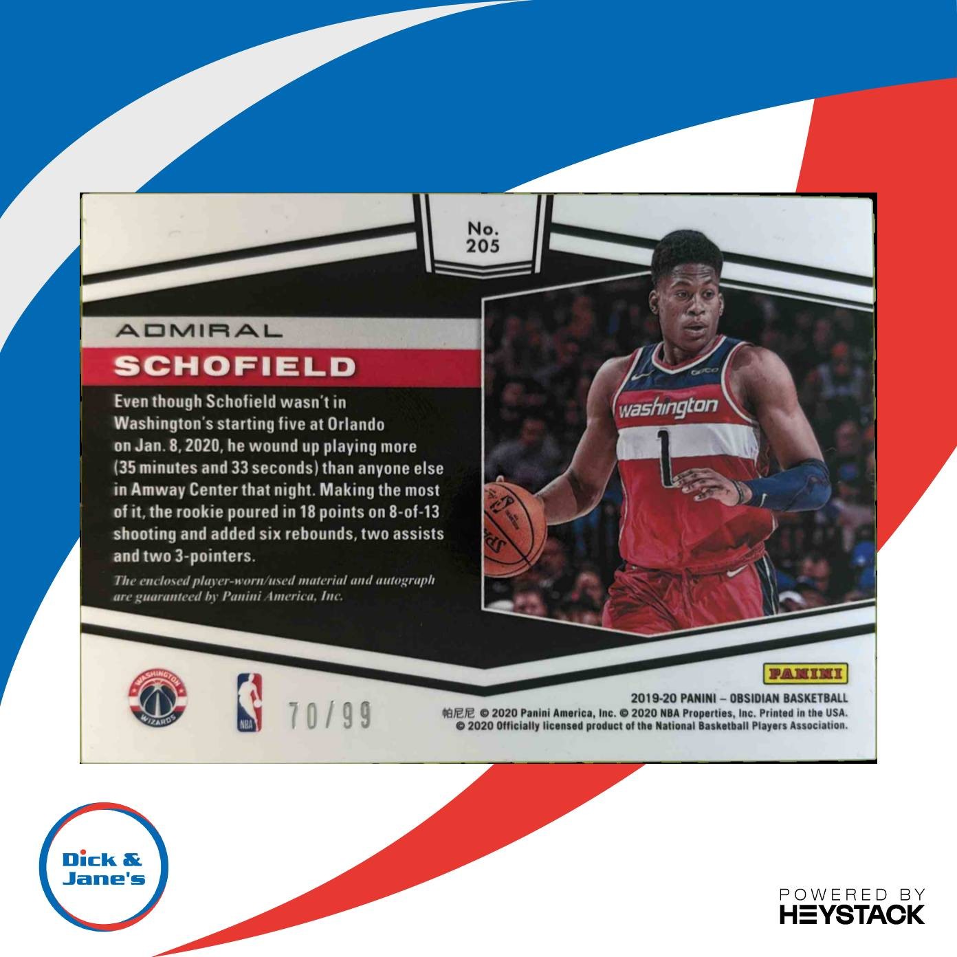 2019-20 Panini Obsidian Admiral Schofield 70/99 #205 RC Auto Washington Wizards